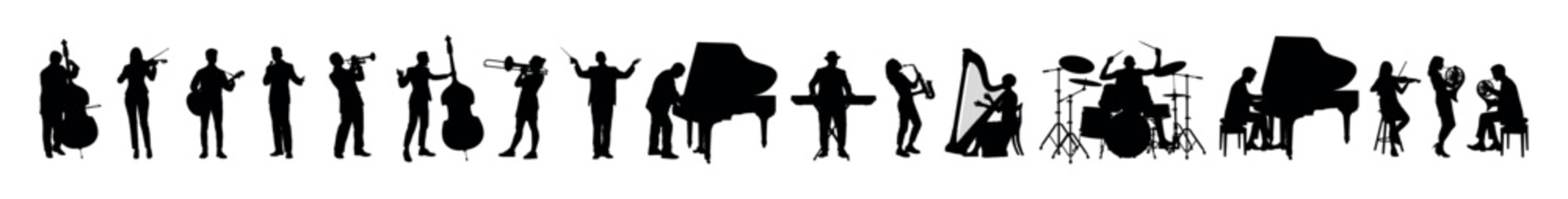 Large group  silhouettes set of musicians playing various musical instruments flat vector collection. Band musicians playing instruments together concert show silhouette.