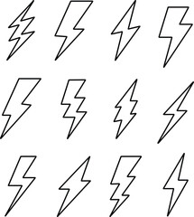 Line flash lightning bolt icon set. Electric power symbol. Energy sign, vector illustration. charge sign. Thunder strike electricity linear symbol. Thunderbolt flash. Powerful electrical discharge .