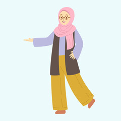 Illustration of beautiful muslim girl in happy face and exited. Vector character in flat style.