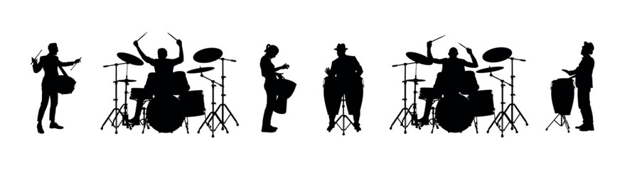 Group of musicians band playing percussion instruments vector silhouettes - obrazy, fototapety, plakaty