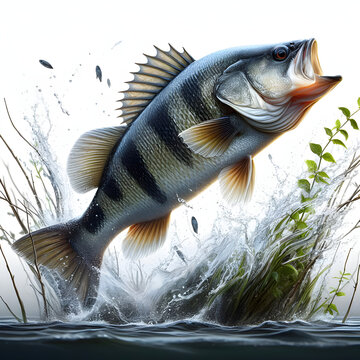 Fish jumping out of water, Fische springen, Рыба прыгает, pez saltando, high quality portrait, isolated white background.