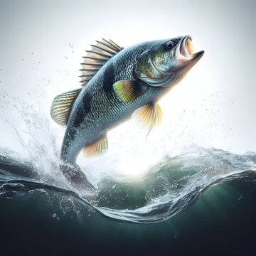 Fish jumping out of water, Fische springen, Рыба прыгает, pez saltando, high quality portrait, isolated white background.