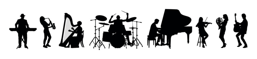 People musicians playing different musical instruments set black silhouettes.