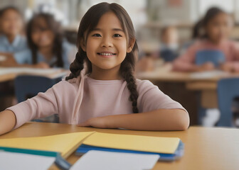 close-up of Young Asian elementary school girl sitting at desk in class smiling 