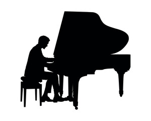 Male pianist playing grand piano side view vector silhouette. © Andreas