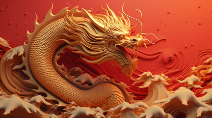 Chinese New Year 3D illustration, year of the dragon 2024, red and gold 