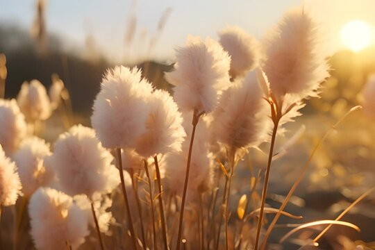 Beneath the gentle peach hues of the sky, soft and fluffy grass sways in a tranquil meadow