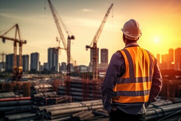 Back view of construction engineer in standard safety looking at the building in the construction site with sunset.