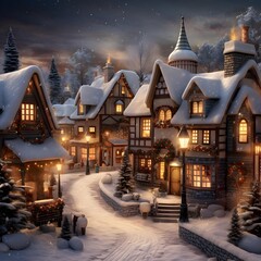Winter village at night with snow covered houses and trees, 3d illustration