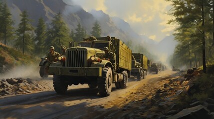 A convoy of military trucks winds its way along a mountainous path, the crisp air carrying echoes of disciplined chatter and machinery - obrazy, fototapety, plakaty