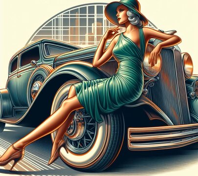 Full-length woman with turned face leaning on a 1930s auto in art deco airbrush style color 01