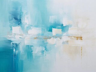 Abstract painting with turquoise brush strokes on white, AI generator