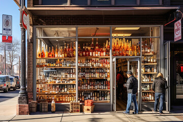 People standing in front of alcohol store on the street. Shelves with bottles on showcases.