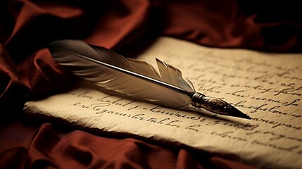 A gracefully poised feather quill pen resting on a parchment, capturing the intricate details of legal calligraphy, emblematic of the precision in legal documentation