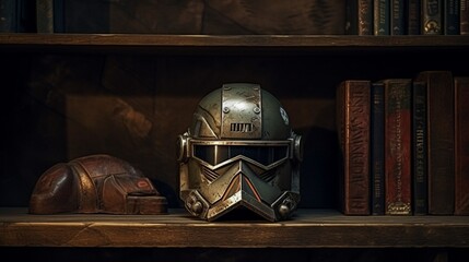 A helmet, adorned with the unmistakable patina of experience, sits atop a shelf, a silent guardian...