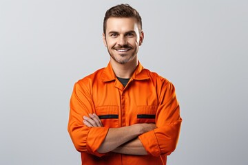 Confident Mechanic Standing Arms Crossed Against White Background