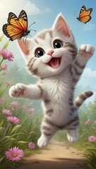 Cute Kitten Jumping to Catch Butterflies, Generative AI