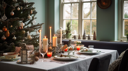Christmas holiday family breakfast, table setting decor and festive tablescape, English country and home styling