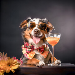 a dog holding a cocktail glass and glasses on a dark background