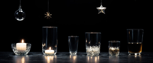 Glowing candles in glasses on a reflective black surface. On black background. Christmas decoration. New year decorations. Banner