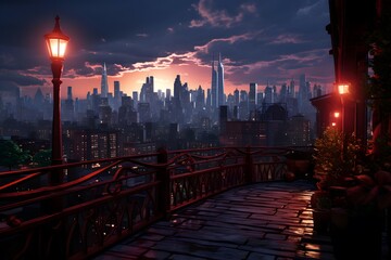 Panoramic view of New York City from Brooklyn Bridge at sunset
