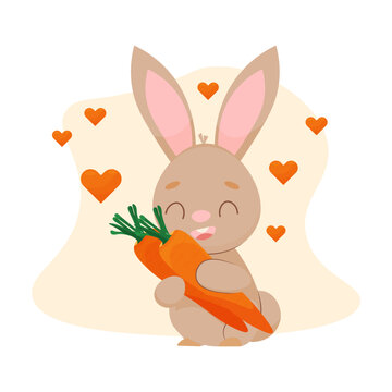 cute rabbit with a carrot. a cartoon rabbit. vector illustration. take care of animals. Rabbit adores carrots.