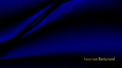 Vector luxury blue and black wavy background with golden text. modern black-blue silk luxury background for business