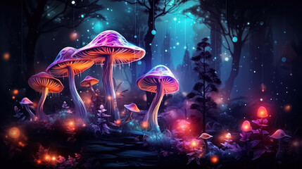 Mushrooms in the forest with bokeh effect. Fantasy magic landscape. Fairy tale.  3D rendering - obrazy, fototapety, plakaty