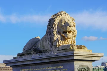 Photo sur Plexiglas Széchenyi lánchíd Budapest, Hungary, November 3, 2023:Statue of a lion. Lion statue at the bridgehead of the Széchenyi Chain Bridge in Budapest Hungary. 