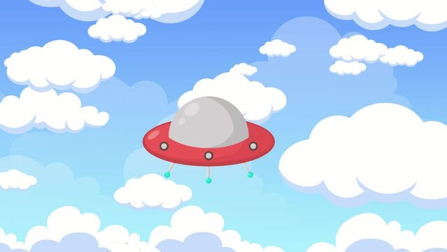 ufo animated cartoon flying above the clouds, 4k video footage