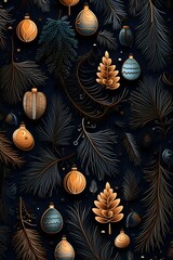 Baubles and spruce branches as abstract background, wallpaper, banner, texture design with pattern - vector. Dark colors.
