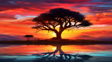 The enchanting silhouette of a solitary tree against the backdrop of a vibrant sunset, with the colors reflected in the surrounding grass, creating a captivating and realistic scene.