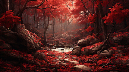 The enchanting scene of hollow red autumn leaves scattered on the earth, creating a vibrant heap of foliage, all captured with stunning realism by an HD camera.