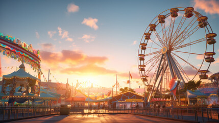 A breathtaking sunset as the backdrop to the carnival rides. - obrazy, fototapety, plakaty