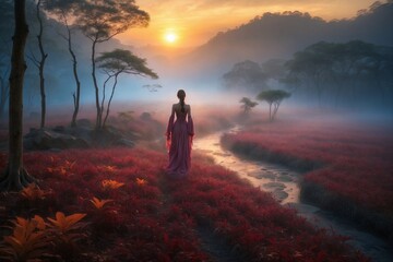 A woman in a dress walking through a forest