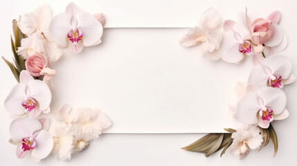 Fototapeta na wymiar Postcard mockup with white orchid flowers, pastel colors