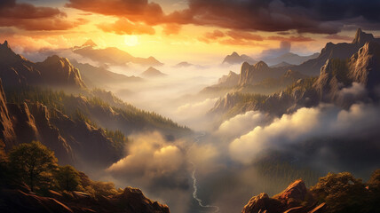 The ethereal beauty of a fantastic dreamy sunrise on a rocky mountain, with the sun's golden glow creating a magical ambiance and unveiling a breathtaking view into a mist-covered valley