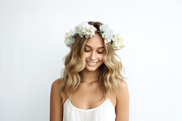 woman wearing wedding floral crown 