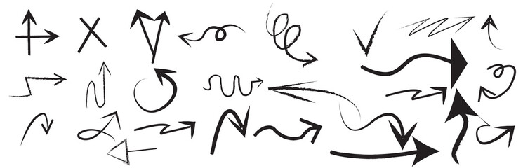 Charcoal arrows vector icons set. Hand drawn freehand different curved lines, swirls arrows. Doodle marker drawing, black chalk smears. Direction pointers. Scribbles and scrawls eps 10