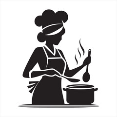 Girl Cooking Silhouette: Artistic Women Engaged in Culinary Pursuits - Minimallest Woman Cooking Black Vector Lady Silhouette
