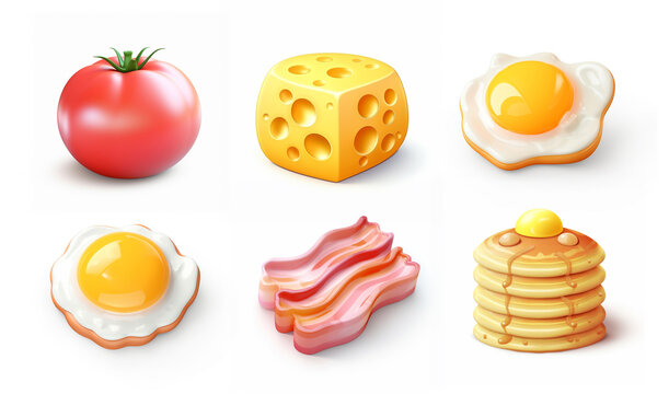 Cute plastic breakfast fried egg, pancakes, cheese, bacon stylized 3d render illustration in pastel colors isolated on white background		