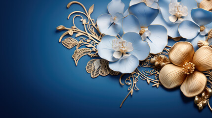 Blue flowers made of gold and enamel, copy space
