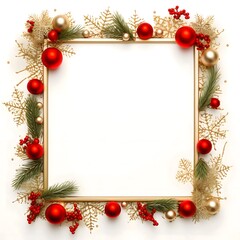 Fototapeta na wymiar Christmas frame decorated with sprigs of conifers, baubles, in the middle a white blank with space for your own content.