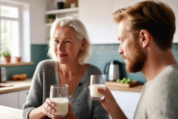 The happiness of a senior male and female couple drinking milk. For strong health, strengthen...