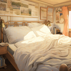 Highly Detailed, Soft Colored, Lifelike Illustration of a Bed