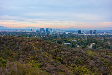 Fototapeta na wymiar View during sunset of the City of Los Angeles taken from Inspiration Point in the Santa Monica Mountains.