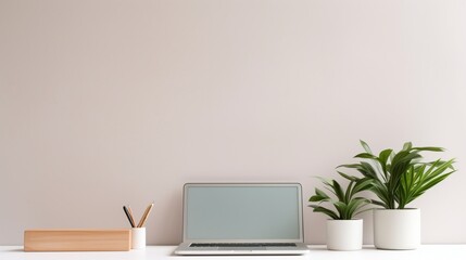 A minimalist desk setup with a sleek laptop and a potted plant in a well-lit modern office space