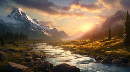 The magic of a mountain valley at sunrise, with the sun casting its first rays over the peaks and...