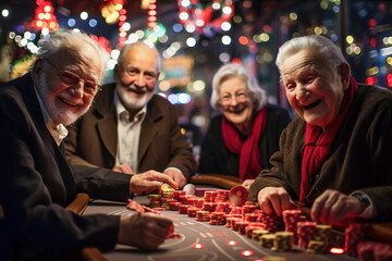 A group of old elderly people playing in a casino. Old people enjoying gambling.