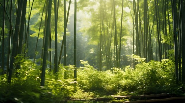 Panoramic view of a green forest in the morning with sunbeams